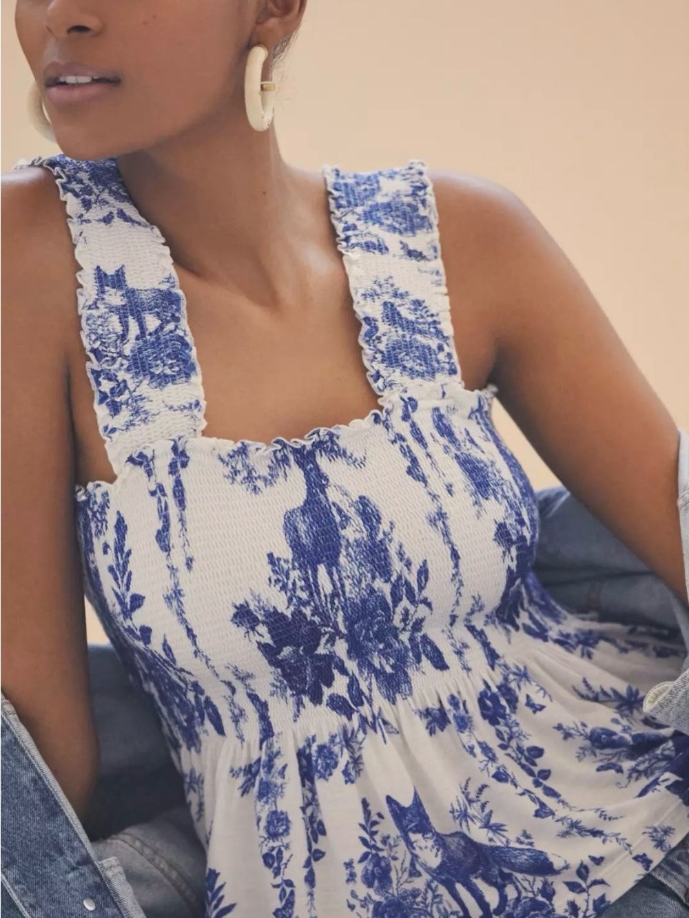 Conditions Apply Anthropologie Katalia Toile Smocked Peplum Tank Top Blue 1X